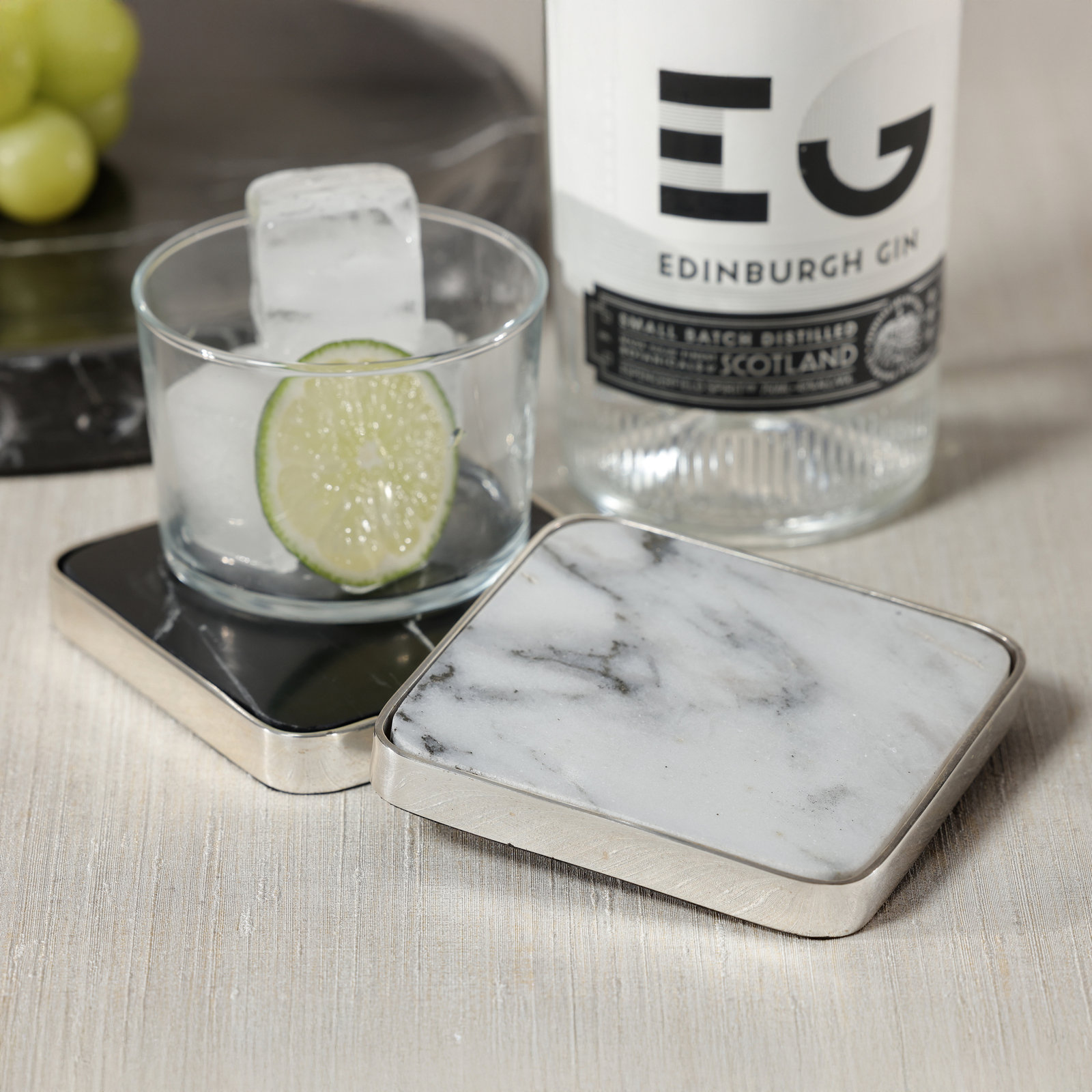 Silver Border Marble Coasters, Black Marble