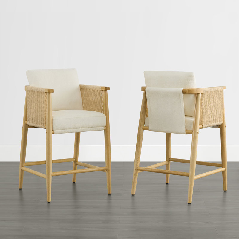 Upholstered Counter Stools with Hand-Woven Rope Arms, Cream