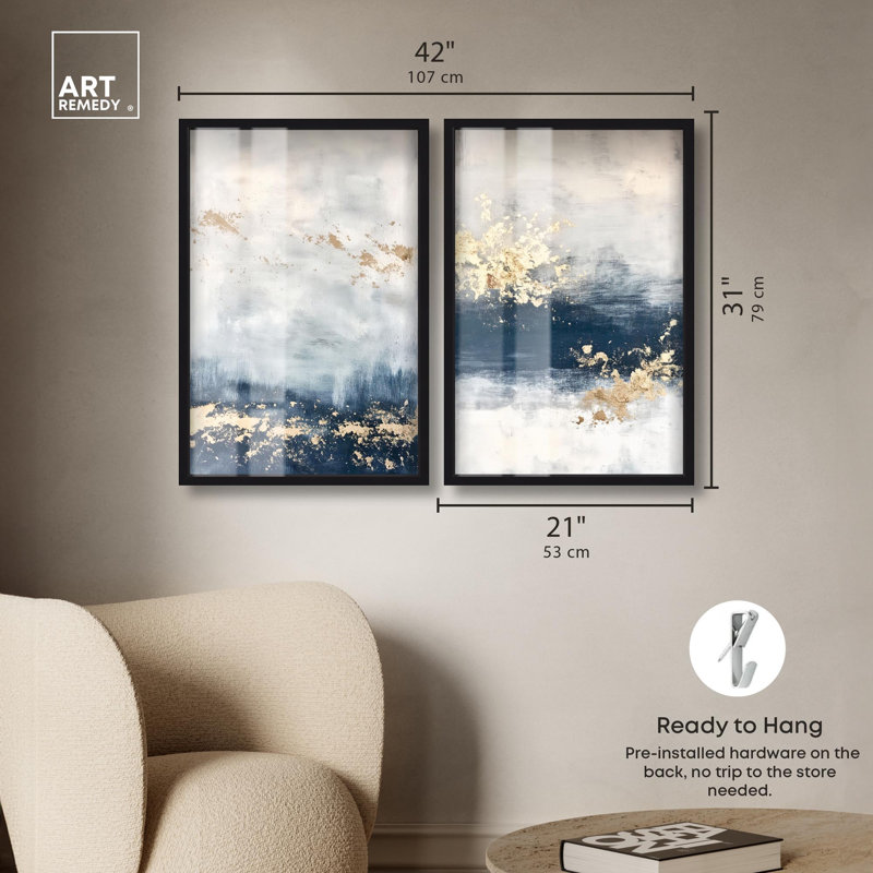 Gilded Coastal Calm Blue Art , H 31 po x l 21 po, Noir