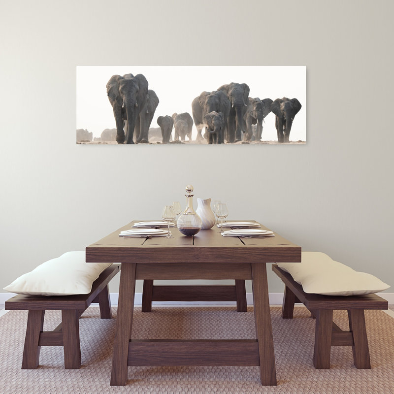 «Marching To The River Contemporary Elephant Nature Wildlife», art mural, H 16 po x l 48 po