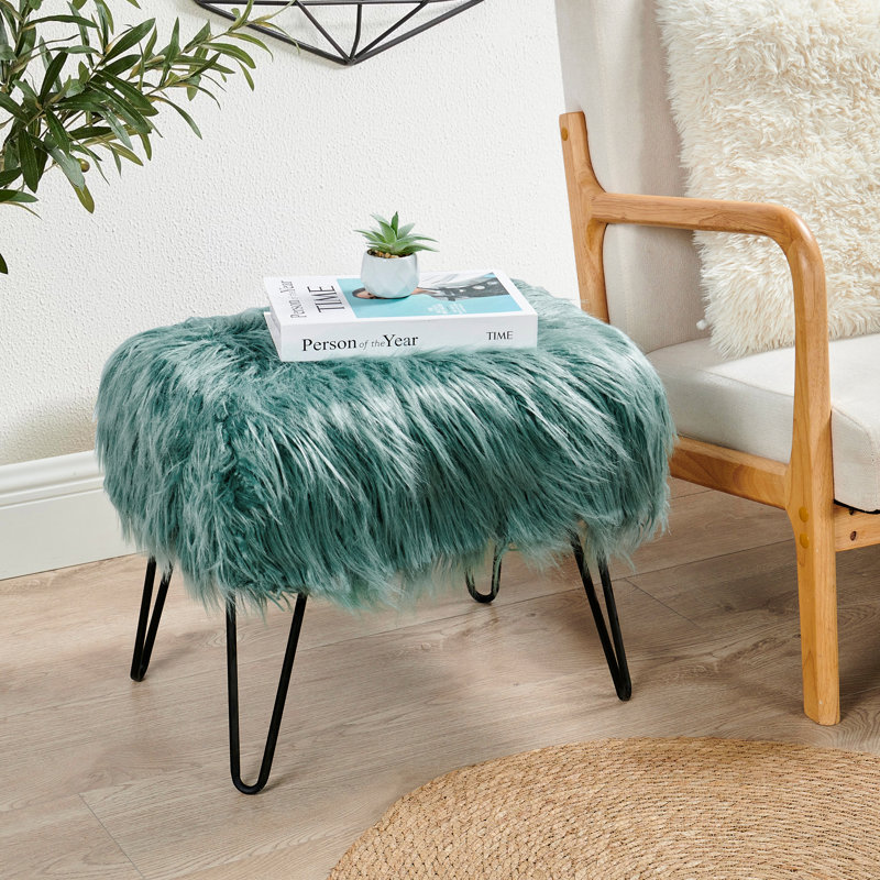 Keilia Upholstered Ottoman, Oil Blue Faux Fur