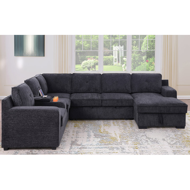Sleeper Sectional Tufted Sofa Bed With Storage Chaise, Dark Gray Chenile