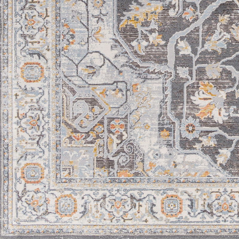 Tapis oriental en polyester / polypropylène tissé à la machine en gris / ivoire / brun, Rectangle 9 pi x 12 pi 2 po