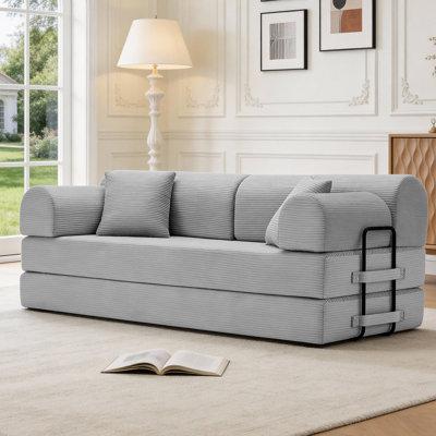 Convertible Sleeper Sofa Bed, Corduroy Folding Mattress With Fixed-Shape Frame For Living Room And Bedroom, Light Gray
