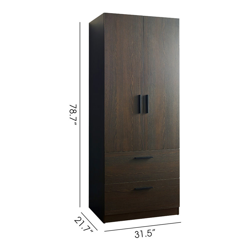 Placard en bois à deux portes avec deux tiroirs et barres suspendues Brook