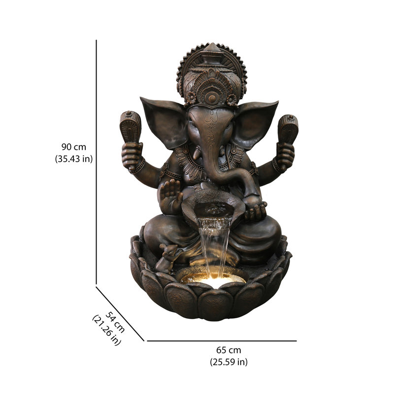 35In Resin Ganesha Sculptural Fountain with Warm White LED Light