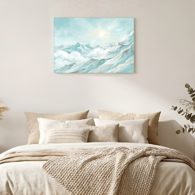 Toile sarcelle enneigée avec oiseaux et soleil, art mural, H 16 po x l 24 po