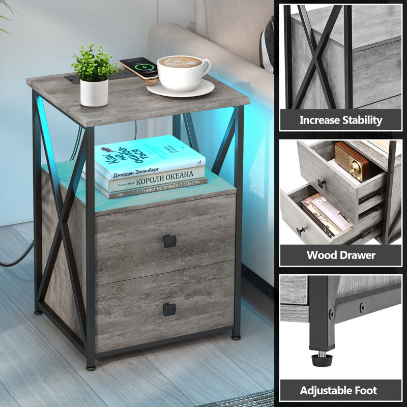 LED Nightstand, Night Stand with Wireless Charger, End Table with Storage, Light Gray