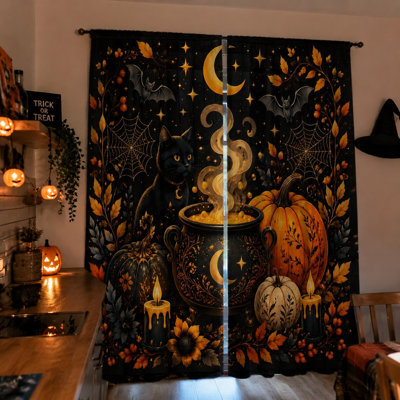 2Pcs Halloween Cat Pumpkin Witch Cauldron Curtains, Spooky Gothic Autumn Theme Wall Decor Window Drapes for Living Room Bedroom Kitchen, Rod Pocket Light Filtering