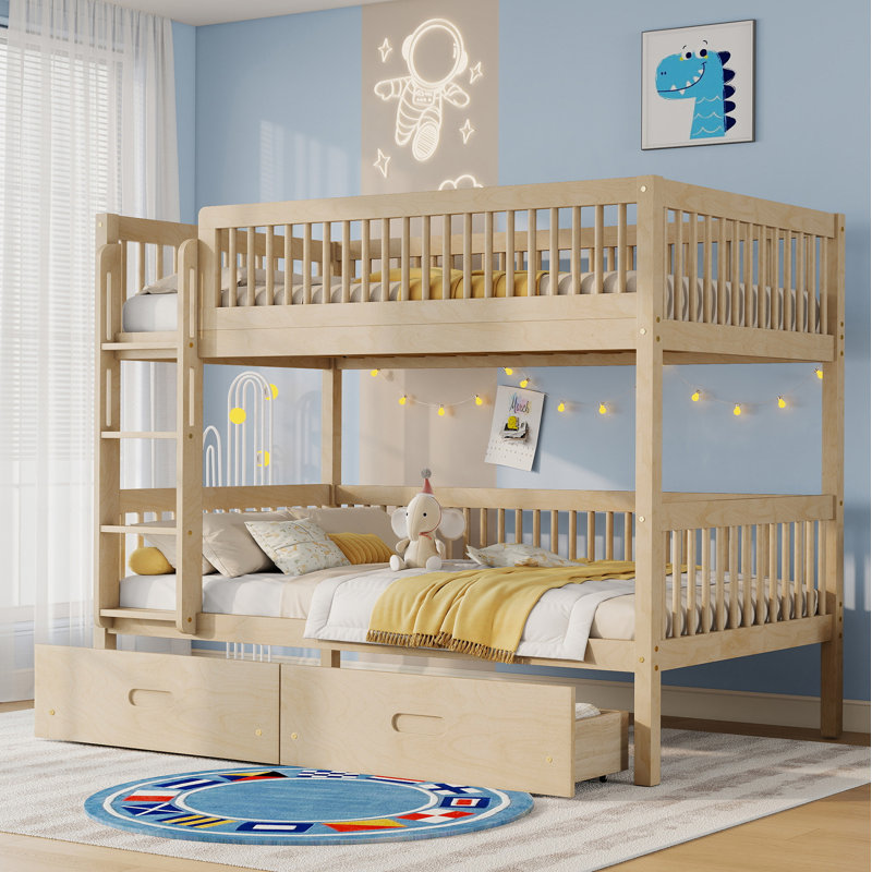 Lit superposé simple au-dessus de simple en bois de pin avec 2 tiroirs, convertible en 2 lits simples, lit superposé simple au-dessus de simple avec échelle et barrières de sécurité, naturel