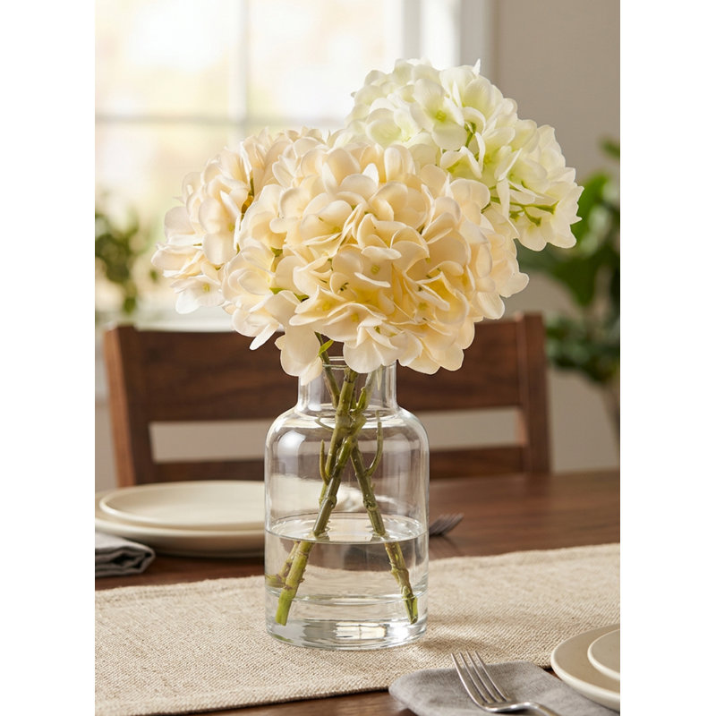  Fleurs d'hortensia artificielles dans un vase en verre, arrangement floral artificiel, pièce maîtresse de la table basse, bureau de table basse, mariage à domicile et événements, 4 po de diamètre et 14 po de hauteur