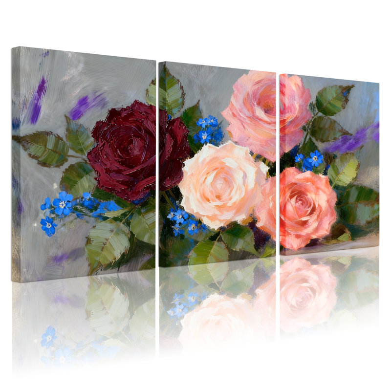 Ensemble de 3 impressions sur toile, bouquet de roses et fleurs bleues, H 24 po x l 48 po