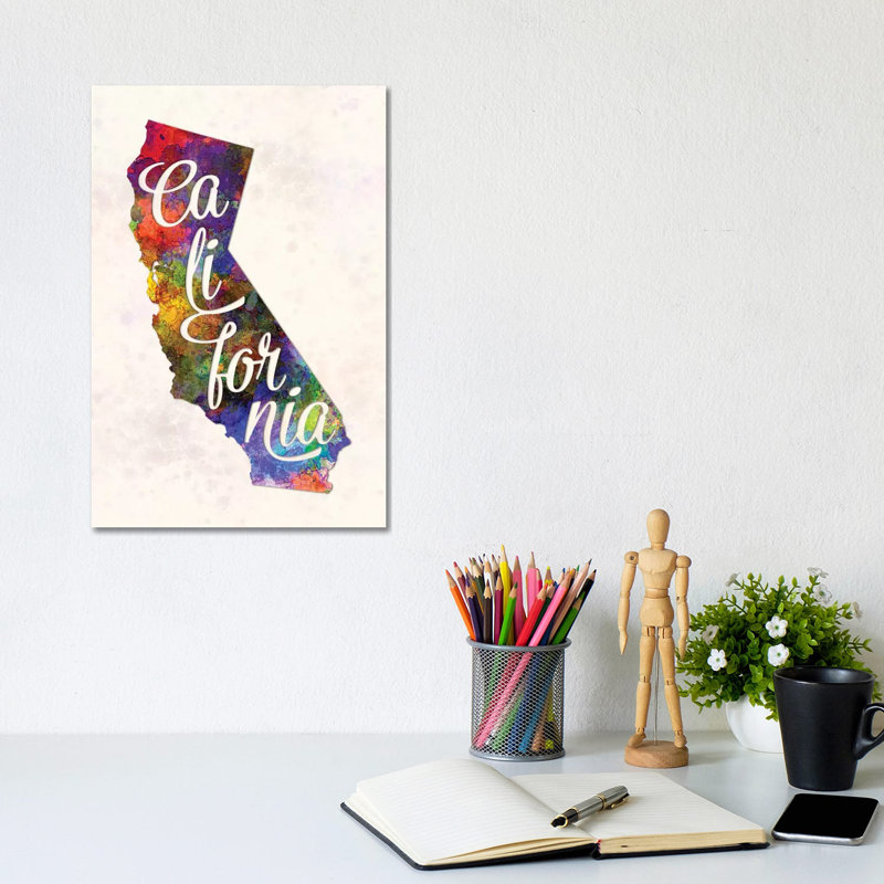 California US State In Watercolor Text Cut Out by Paul Rommer - Wrapped Canvas Print, 30.48cm H x 20.32cm W x 1.91cm D