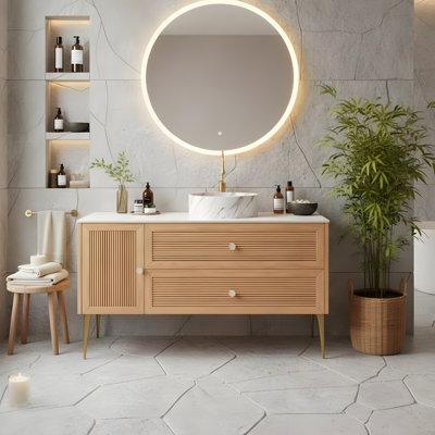 Meuble-lavabo autoportant 48 po avec lavabo en céramique à motif de pierre blanche et 4 pieds en métal