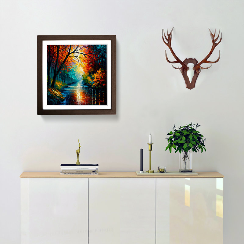 River Palette Knife Painting - Single Picture Frame Print on Wood, Walnut