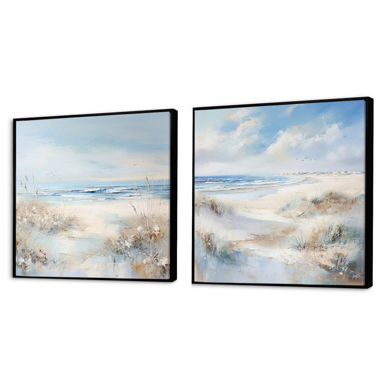 Coastal Ocean Charm in Winter - Ensemble de 2 collages carrés Coastal Ocean, Cadre flottant noir, H 30 po x l 61 po