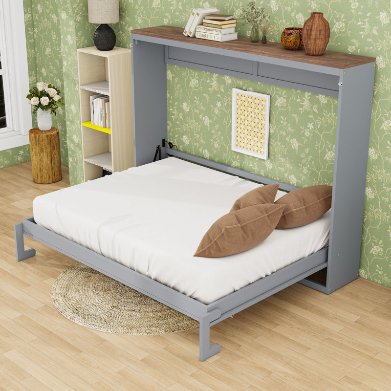 Grand lit escamotable mural en bois avec USB, Gris