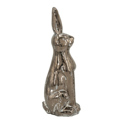 17.5” Tall Terracotta Rabbit Figurine with Textured Bronze Finish, Farmhouse Accent Sculpture