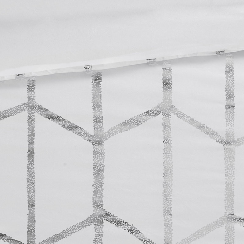 Ensemble d'édredon à imprimé métallique Raina, Édredon double / grand + 2 taies décoratives + 2, Blanc / argent