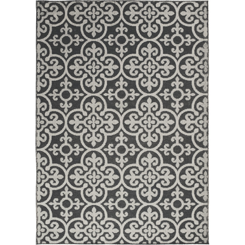 Bungalow Rose Perkinson Need U Tile Black/Grey Global Indoor Polypropylene Area Rug, Rectangle 6'6.74" x 9'6.17"