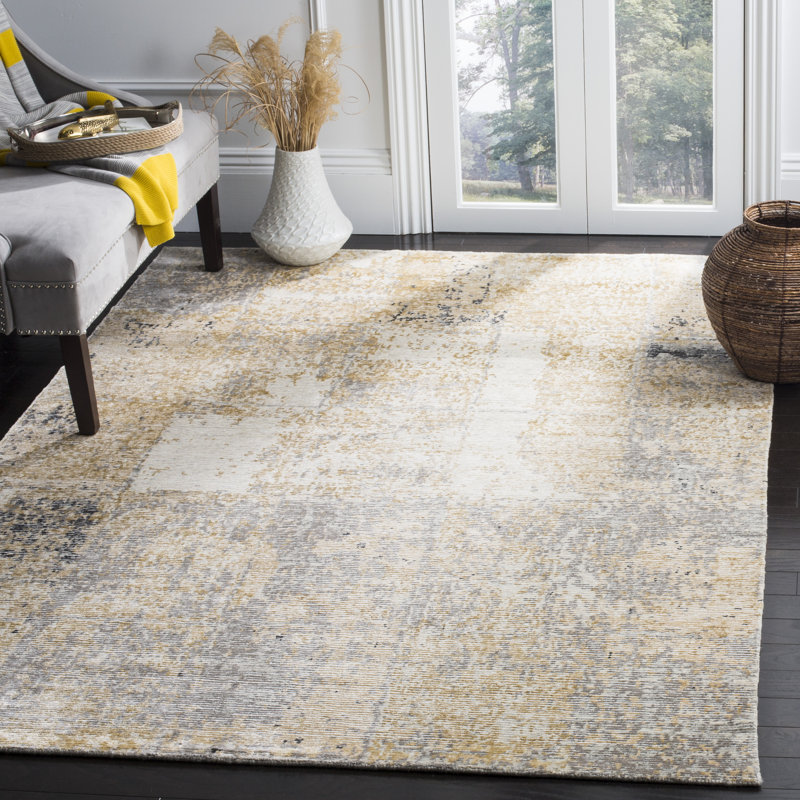 Tiffany Hand Knotted Viscose/Cotton/Linen/Wool Abstract Rug in Gold/Silver, Rectangle 10' x 14'