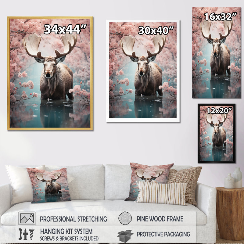 «Aubine Pink Moose Spring Awakening II», reproduction sur toile, H 40 po x l 30 po x P 1,5 po, Cadre photo noir