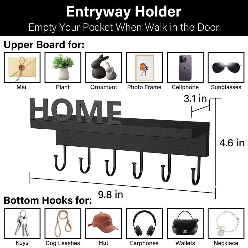 Key Holder Wall Mount Key Hooks Entryway Shelf