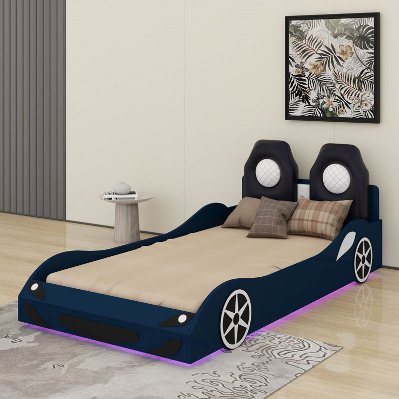 Lit plateforme en bois pour voiture de course avec dossier rembourré et DEL, Bleu