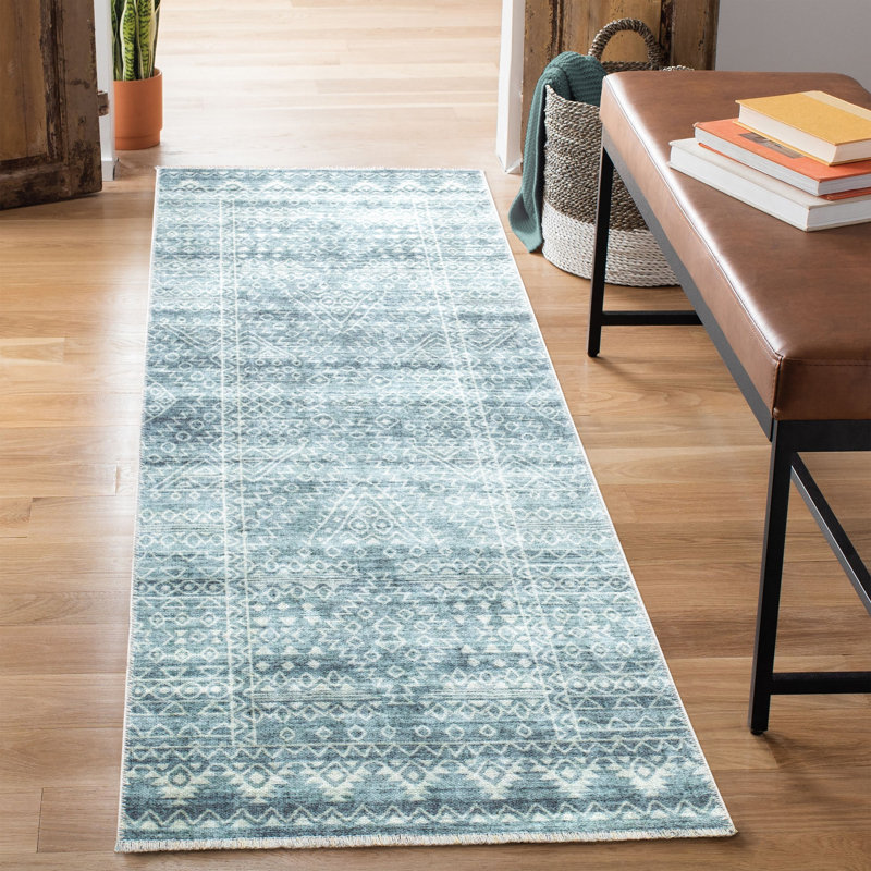 Washable Non-Slip Area Rug - Teal / Ivory Geometric Area Rug for Living Room, Bedroom, Dining Room, and Kitchen