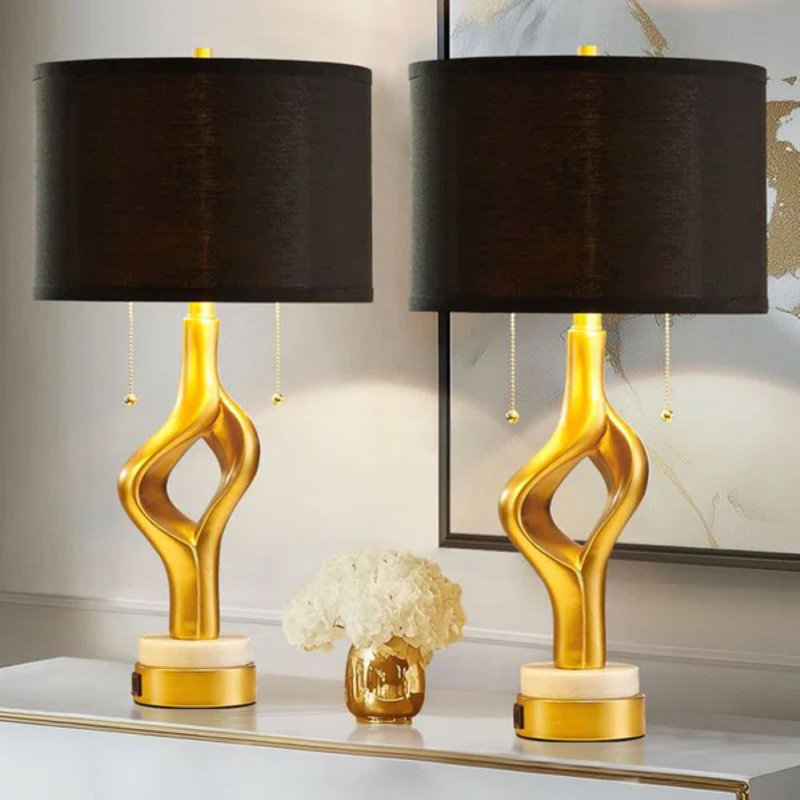 23"  Modern Double Head Gold Table Lamp with USB Charging Ports Dual-Layer Marble Base (set of 2)