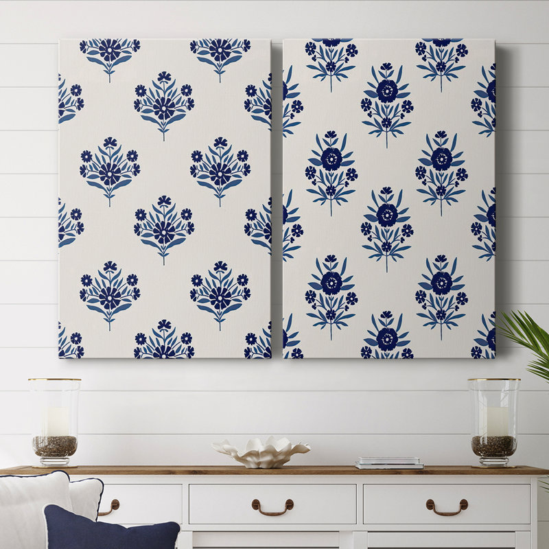 Toile tendue avec motif de fleurs indigo I-Premium - prêt à accrocher, H 60 po x l 80 po