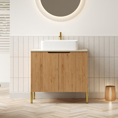 Meuble-lavabo de salle de bain avec lavabo, armoire de rangement autoportante en contreplaqué avec 2 portes, lavabo rectangulaire en céramique et comptoir en pierre frittée à motif de travertin Roma