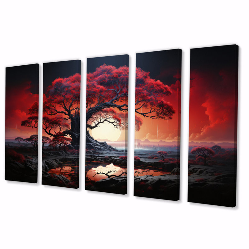«Red Tree Silhouette Symphony I» sur toile, reproduction de 5 pièces