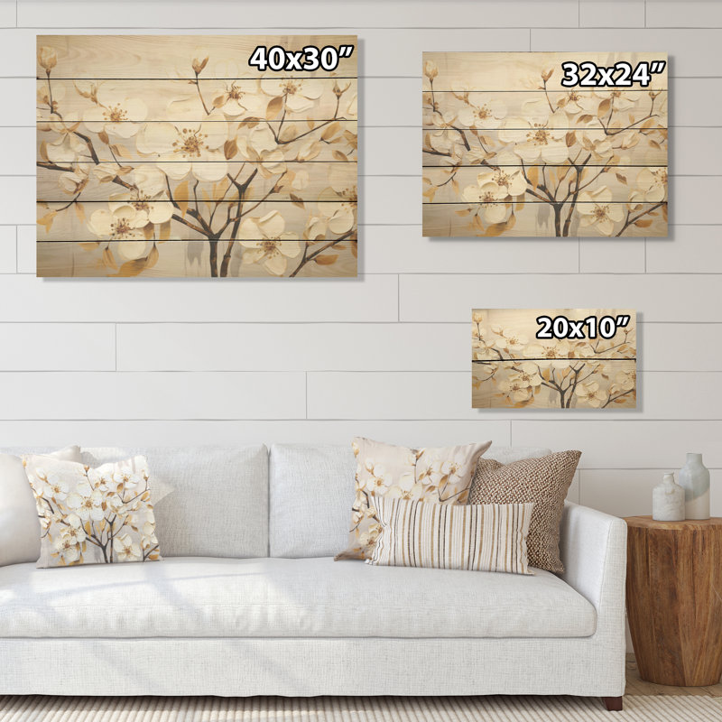 Paix en cornouiller blanc doré - Art mural en bois de cornouiller sur bois de pin naturel, H 24 po x l 32 po