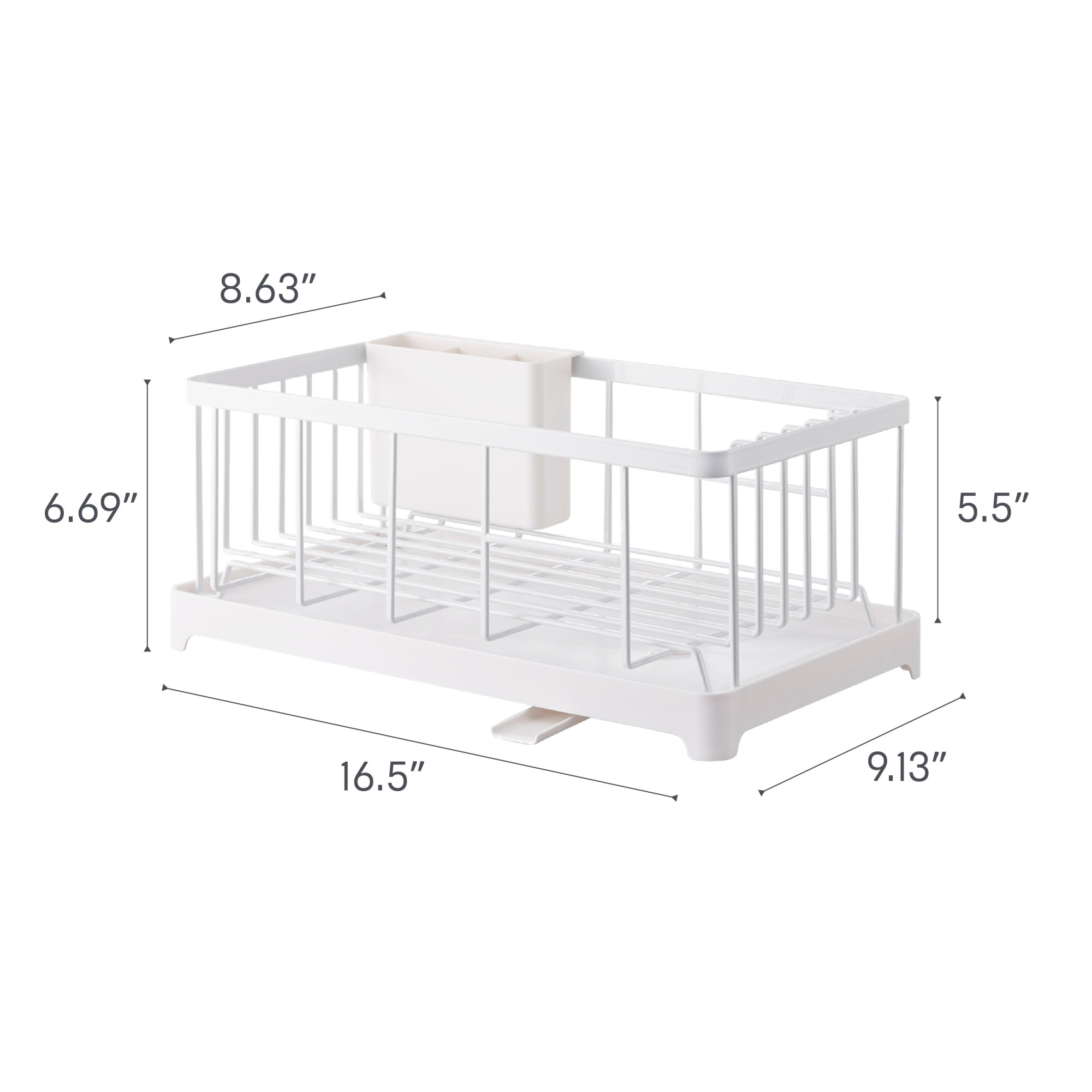 Yamazaki Home Wire Dish Drainer Rack with Removable Drainer Tray with Spout, Utensils Holder, Steel, White