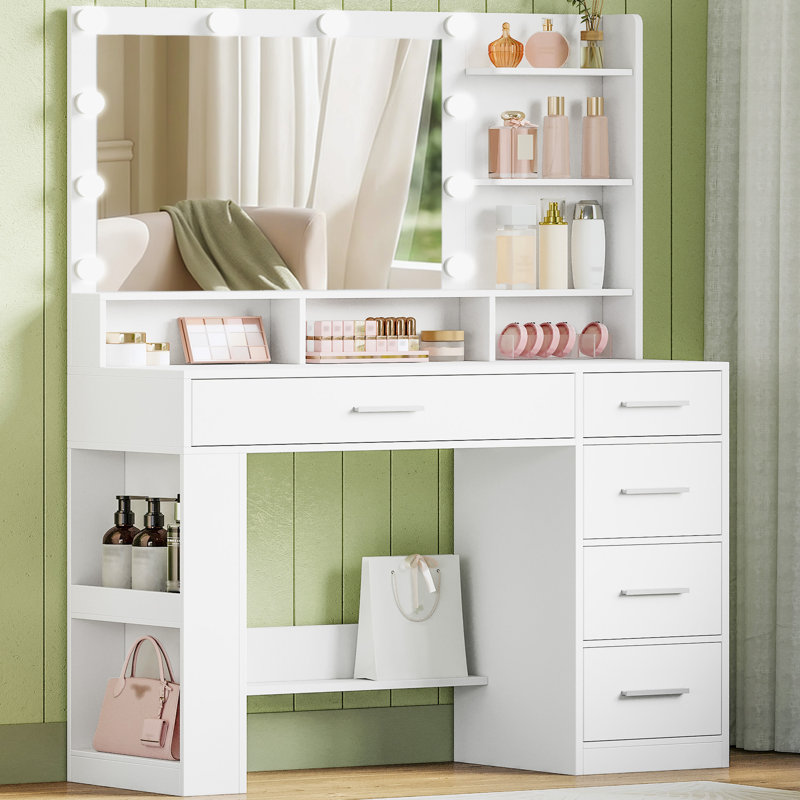 Dressing Table with Large HD Mirror and LED Lighting, Vanity Desk for Bedroom, Makeup Vanity with 5 Drawers, Open Compartments and Side Open Storage, Adjustable Brightness