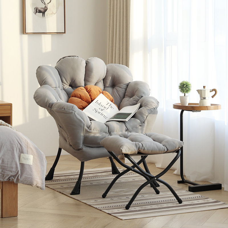 Lazy Chair With Ottoman, Modern Floral Chair With Folding Footrest, Lounge Accent Chair, Light Gray