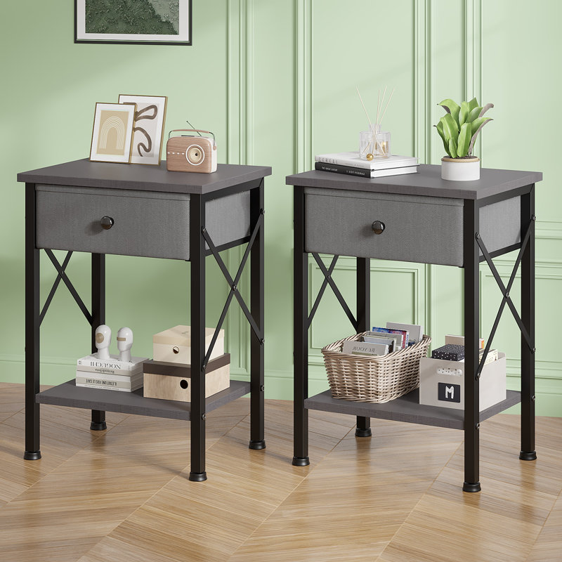 Set Of 2 Fabric Drawer Nightstand With Open Shelf, Small Bedside Table For Bedroom, Living Room Or Dorm, Hemp Gray