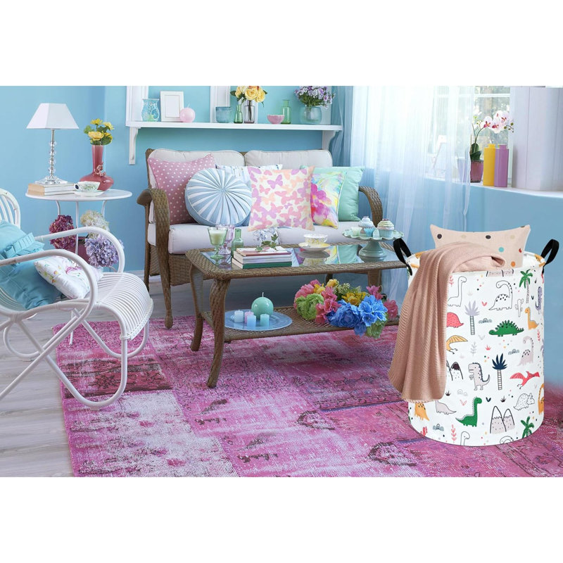 Dinosaur Pattern  Round Laundry Clothes Hamper Laundry Basket With Handles,Storage Organizer Bins Laundry Gift Basket For Room, Bedroom Decor