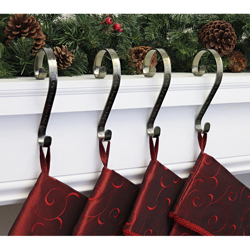 Stocking Scrolls Embossed Holly Stocking Holder, Antique Brass