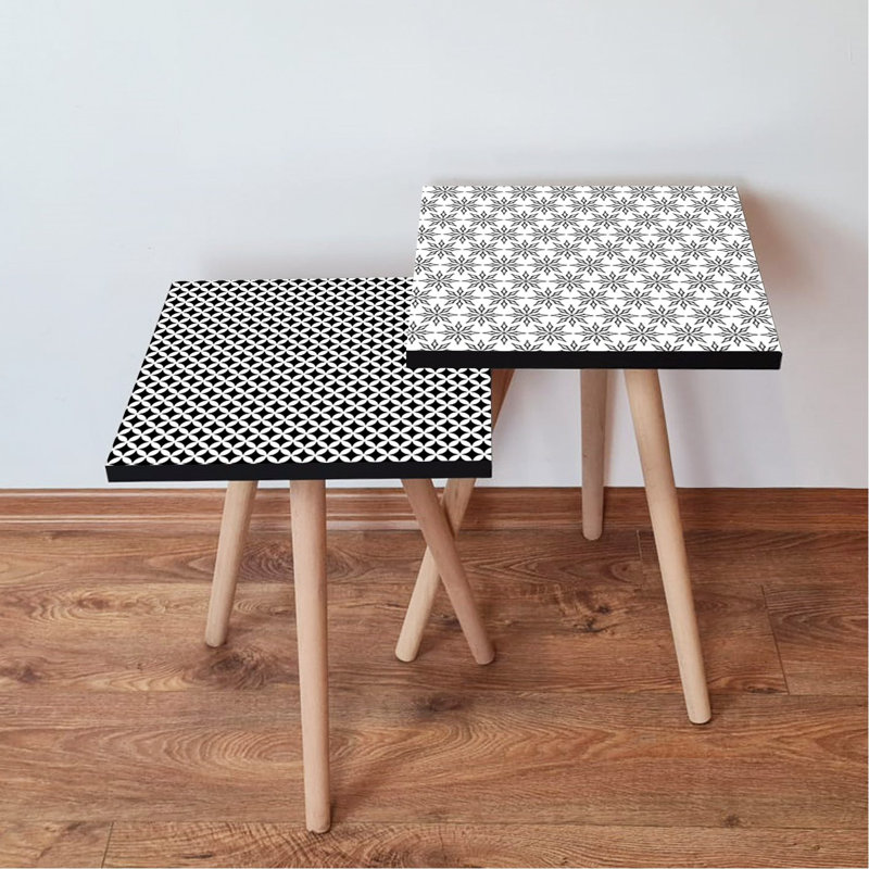 Modern Nesting Table Set (2 Pieces), Black & White Geometric Design, 13.8 x 18.5 x 13.8 in | 100% MDF with Beech Wood Legs, Elegant & Space-Saving Solution for Living Room & Office, Stylish & Functional Decor