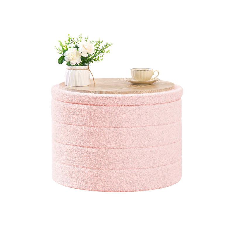 Collapsible Storage Ottoman Round with Tray Teddy Fabric Living Room Bedroom Ottoman with Storage, Pink