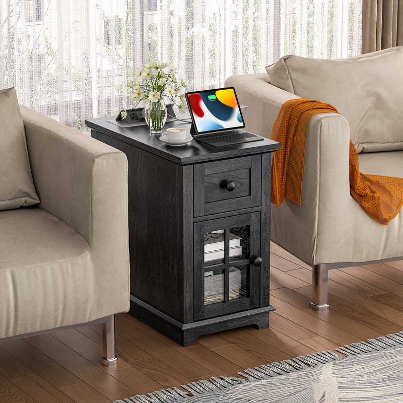 Antrea Tray Top End Table Set with Storage and Built-In Outlets, Black, 2