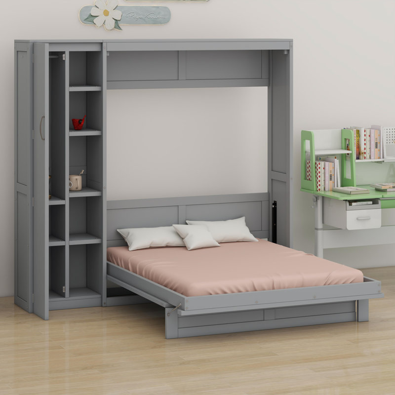 Lit escamotable mural avec tablettes Murphy, Gris, Lit double