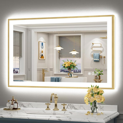 Miroir de salle de bain 48x30 à DEL doré avec lumières, miroirs de salle de bain anti-buée et rétro-éclairé avec cadre doré brossé et rétroéclairé pour mur de salle de bain, à intensité variable, 3 couleurs, mémoire, verre trempé HD, IRC ＞ 90