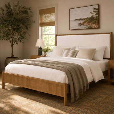 Ollie Solid Wood Boucle Upholstered Headboard Queen Size Bed Frame