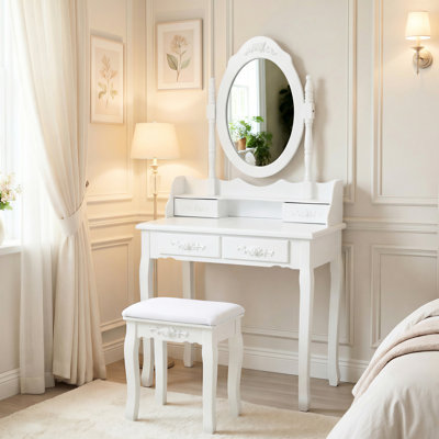 Vanity Desk With 360 Rotating Mirror, 4 - Drawer Storage, White Finish, Comfortable Stool, Visual Appeal Drawers, Cushioned Multi Purpose Stable Frame