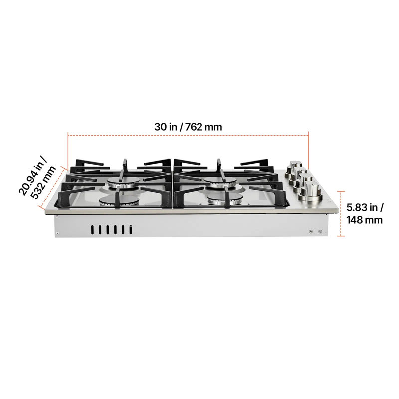 Plaque de cuisson au gaz, 30 po, 4 brûleurs, 48 000 BTU maximum, surface de cuisson encastrée en acier inoxydable, convertible GPL / NG