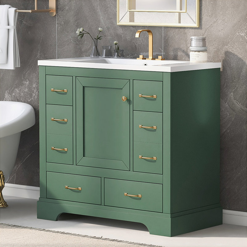 Edme 36'' Single Bathroom Vanity with Ceramic Top, Green/Gold