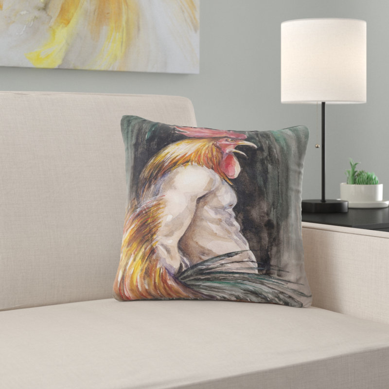 «Man with Wings and Rooster Head» - Coussin imprimé animal, 16 po x 16 po, Coussin décoratif